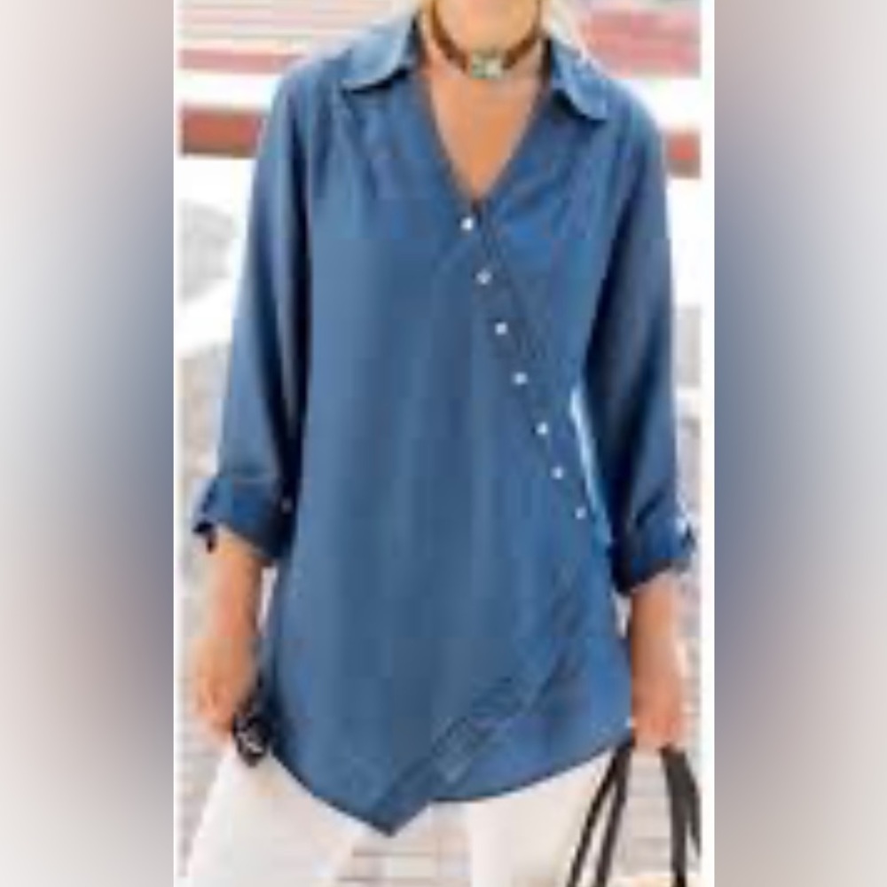 New Soft Surroundings Blue Women’s Roll Tab Tunic Crossover-Front‎ Sz M